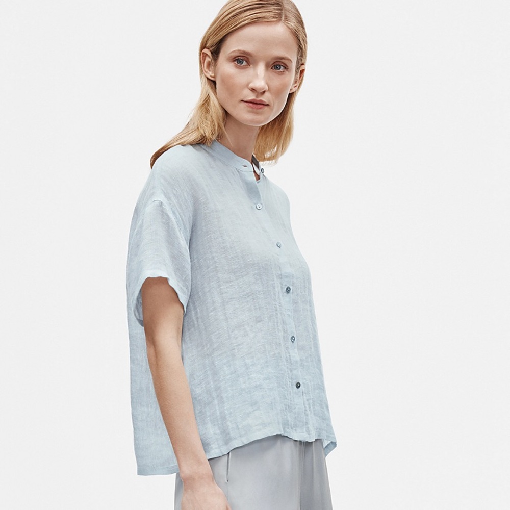 Organic Linen Gauze Mandarin Collar Shirt